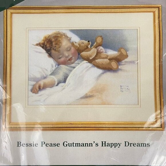 Elsa Williams Crewel Embroidery Kit Happy Dreams Child Sleeping with Teddy Bear - Picture 2 of 9